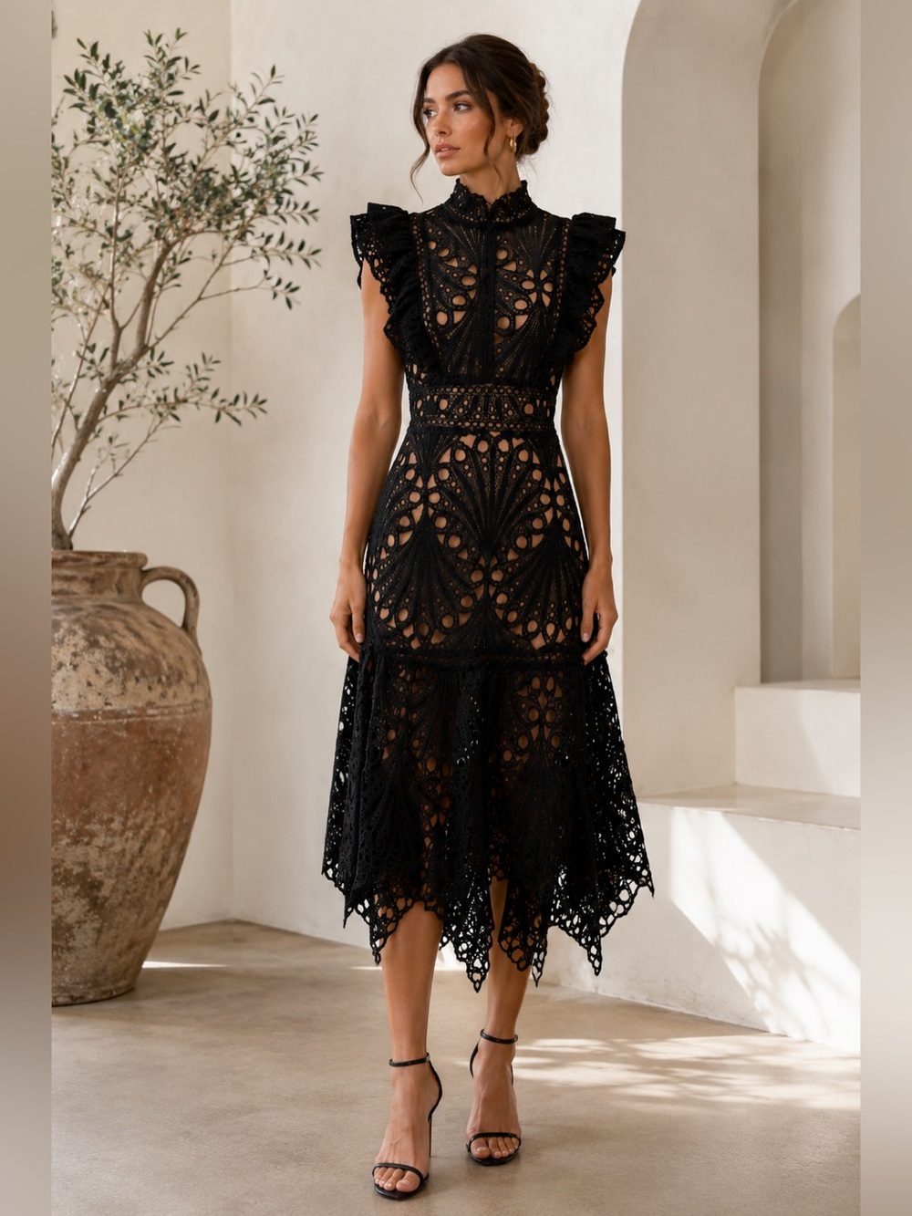 NWT Dalia MacPhee Black Lace Illusion Midi Dress Ruffle Sleeve Formal Size M